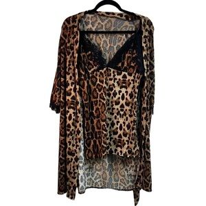 Leopard Print Lingerie Set w/ Lace Trim & Robe Women's Size S